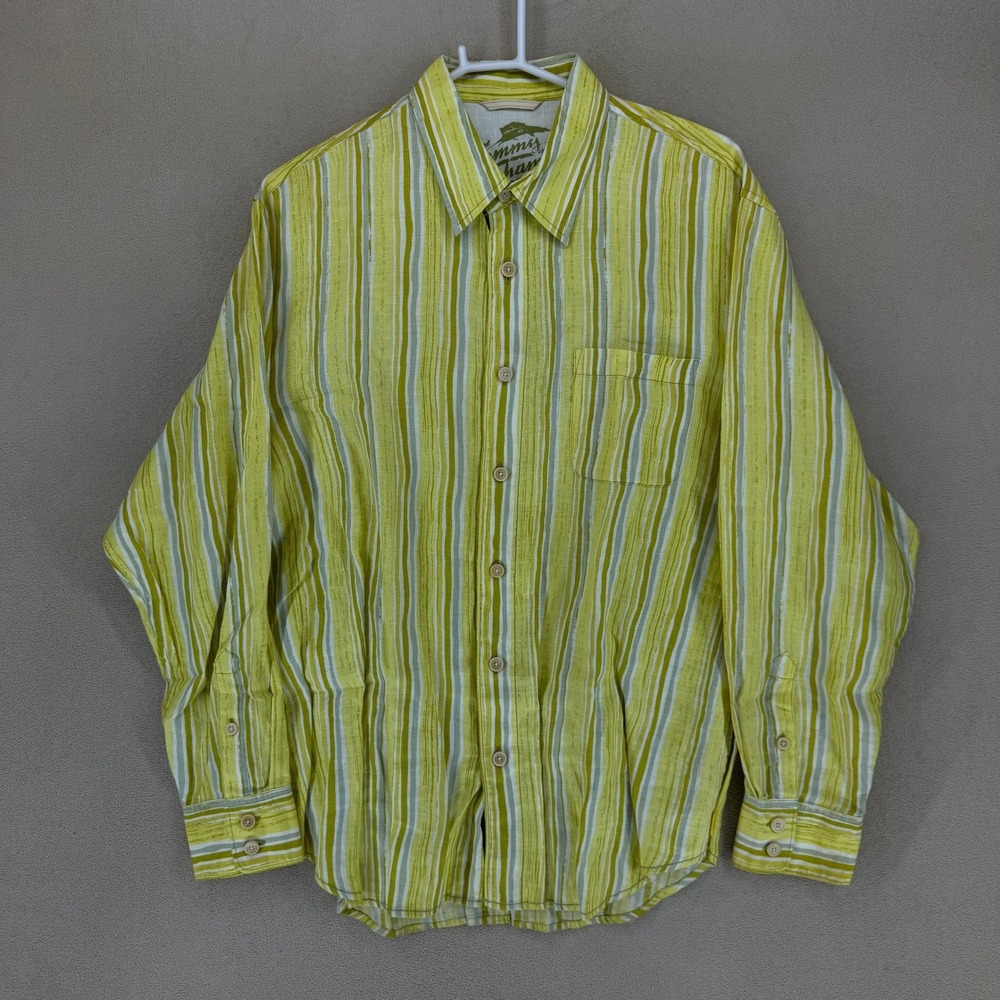 Tommy Bahama Linen Shirt Mens L Green Yellow Striped Button-down EUC